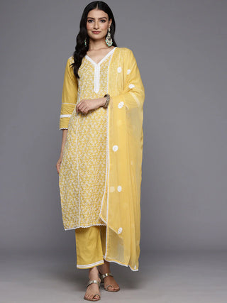 Yellow Cotton Floral Embroidered Suit Set with Silk Chiffon Dupatta