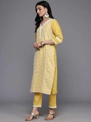 Yellow Cotton Floral Embroidered Suit Set with Silk Chiffon Dupatta