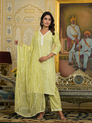 Lime Green Cotton Blend Chikankari Suit Set with Silk Chiffon Dupatta