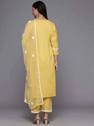 Yellow Cotton Floral Embroidered Suit Set with Silk Chiffon Dupatta