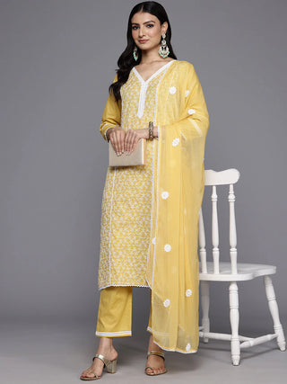 Yellow Cotton Floral Embroidered Suit Set with Silk Chiffon Dupatta