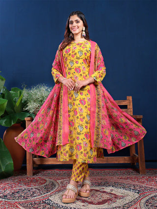 Yellow Cotton Blend Floral Print Suit Set with Dupatta