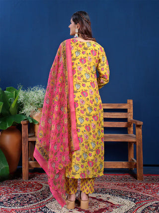 Yellow Cotton Blend Floral Print Suit Set with Dupatta