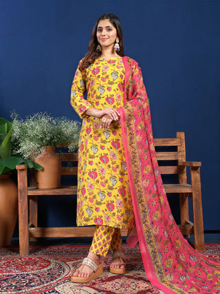 Yellow Cotton Blend Floral Print Suit Set with Dupatta