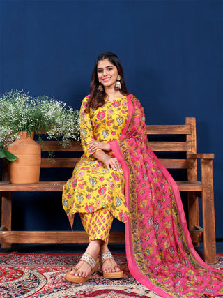 Yellow Cotton Blend Floral Print Suit Set with Dupatta