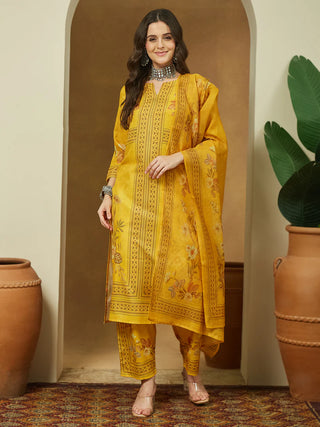 Yellow Cotton Blend Floral Print Pakistani Style Suit Set with Chanderi Blend Dupatta