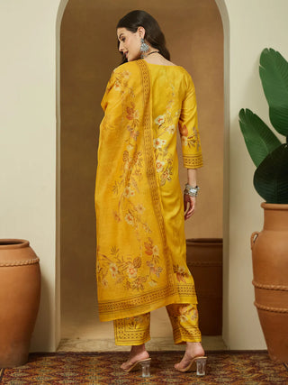 Yellow Cotton Blend Floral Print Pakistani Style Suit Set with Chanderi Blend Dupatta
