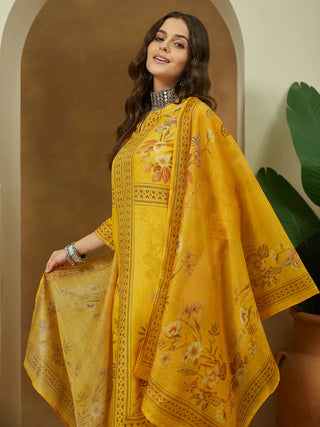 Yellow Cotton Blend Floral Print Pakistani Style Suit Set with Chanderi Blend Dupatta