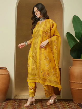 Yellow Cotton Blend Floral Print Pakistani Style Suit Set with Chanderi Blend Dupatta