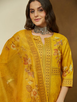 Yellow Cotton Blend Floral Print Pakistani Style Suit Set with Chanderi Blend Dupatta