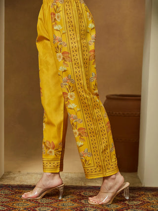 Yellow Cotton Blend Floral Print Pakistani Style Suit Set with Chanderi Blend Dupatta