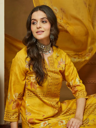Yellow Cotton Blend Floral Print Pakistani Style Suit Set with Chanderi Blend Dupatta