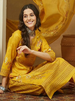 Yellow Cotton Blend Floral Print Pakistani Style Suit Set with Chanderi Blend Dupatta