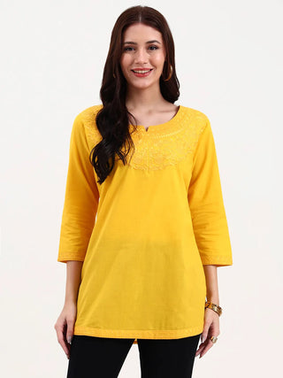 Yellow Cotton Embroidered Peplum Top