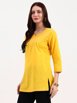 Yellow Cotton Embroidered Peplum Top