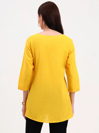 Yellow Cotton Embroidered Peplum Top