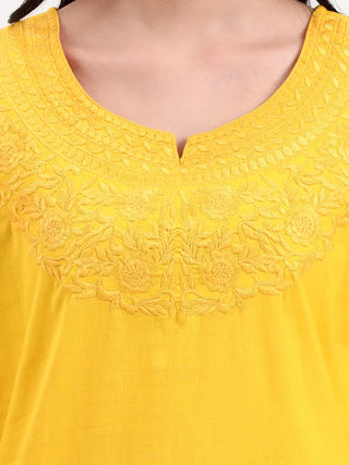 Yellow Cotton Embroidered Peplum Top