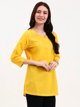 Yellow Cotton Embroidered Peplum Top