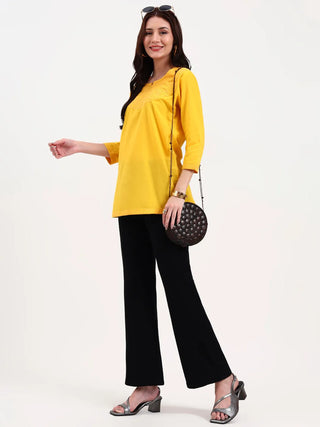 Yellow Cotton Embroidered Peplum Top