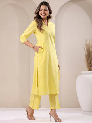 Yellow Pure Cotton Self Designed A Line Kurta Bottom Set