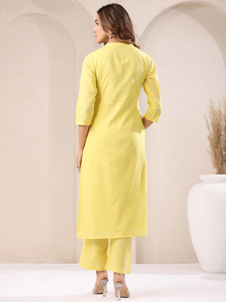 Yellow Pure Cotton Self Designed A Line Kurta Bottom Set