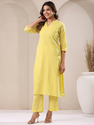 Yellow Pure Cotton Self Designed A Line Kurta Bottom Set