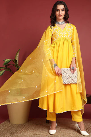 Yellow Cotton Blend Embroidered A Line Suit Set with Dupatta