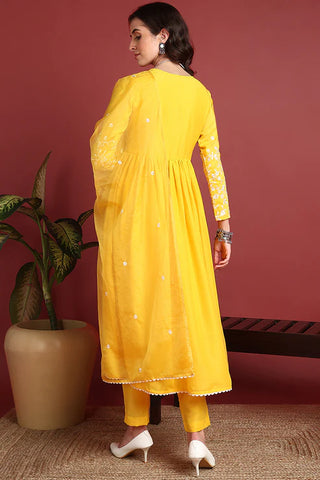 Yellow Cotton Blend Embroidered A Line Suit Set with Dupatta