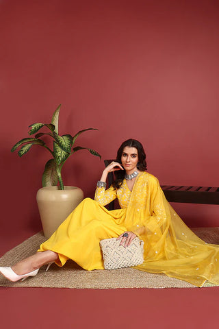 Yellow Cotton Blend Embroidered A Line Suit Set with Dupatta