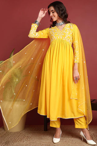 Yellow Cotton Blend Embroidered A Line Suit Set with Dupatta