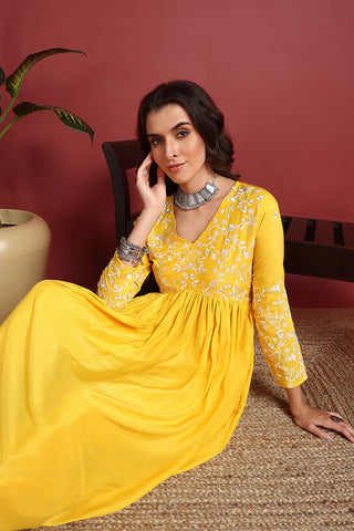 Yellow Cotton Blend Embroidered A Line Suit Set with Dupatta