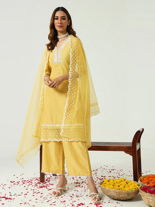 Yellow Solid Silk Blend Straight Cut Suit Set with Embroidered Organza Dupatta