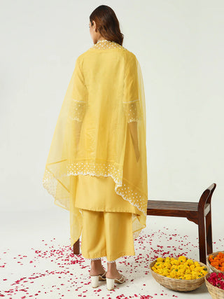 Yellow Solid Silk Blend Straight Cut Suit Set with Embroidered Organza Dupatta