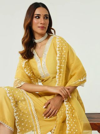 Yellow Solid Silk Blend Straight Cut Suit Set with Embroidered Organza Dupatta