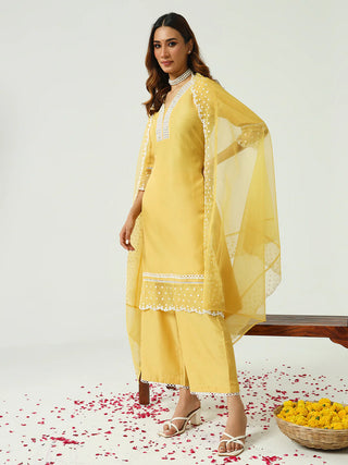 Yellow Solid Silk Blend Straight Cut Suit Set with Embroidered Organza Dupatta