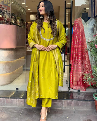 Yellow Viscose Chanderi Embroidered Suit Set with Jacquard Silk Dupatta