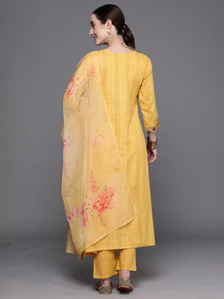 Yellow Cotton A Line Suit Set with Printed Organza Dupatta