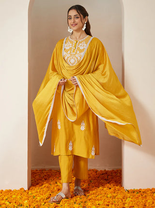 Mustard Silk Blend Embroidered Suit Set with Dupatta