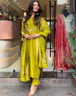 Yellow Viscose Chanderi Embroidered Suit Set with Jacquard Silk Dupatta