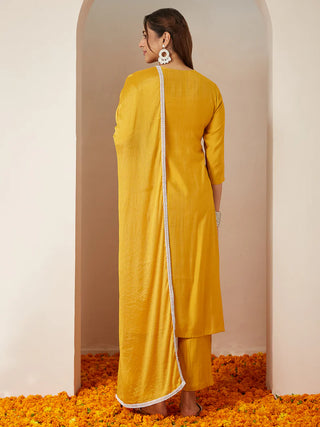 Mustard Silk Blend Embroidered Suit Set with Dupatta