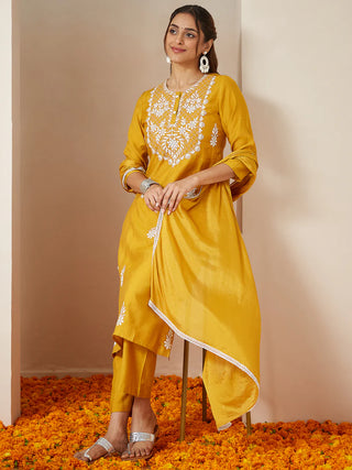Mustard Silk Blend Embroidered Suit Set with Dupatta