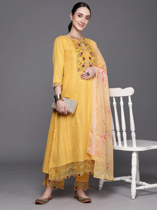 Yellow Cotton A Line Suit Set with Printed Organza Dupatta