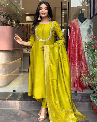 Yellow Viscose Chanderi Embroidered Suit Set with Jacquard Silk Dupatta