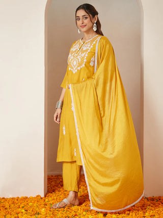 Mustard Silk Blend Embroidered Suit Set with Dupatta
