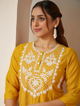Mustard Silk Blend Embroidered Suit Set with Dupatta