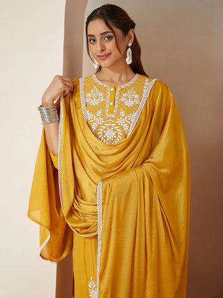 Mustard Silk Blend Embroidered Suit Set with Dupatta