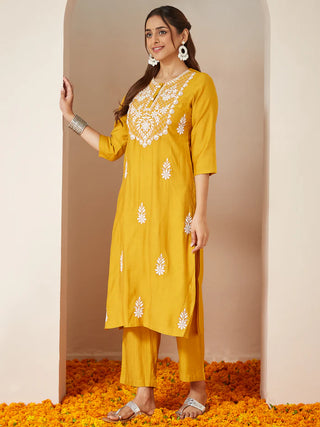 Mustard Silk Blend Embroidered Suit Set with Dupatta