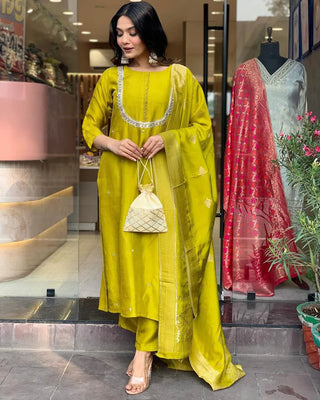 Yellow Viscose Chanderi Embroidered Suit Set with Jacquard Silk Dupatta