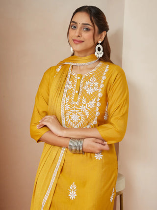 Mustard Silk Blend Embroidered Suit Set with Dupatta