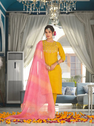 Yellow Silk Blend Yoke Embroidered Suit Set with Leheriya Dupatta